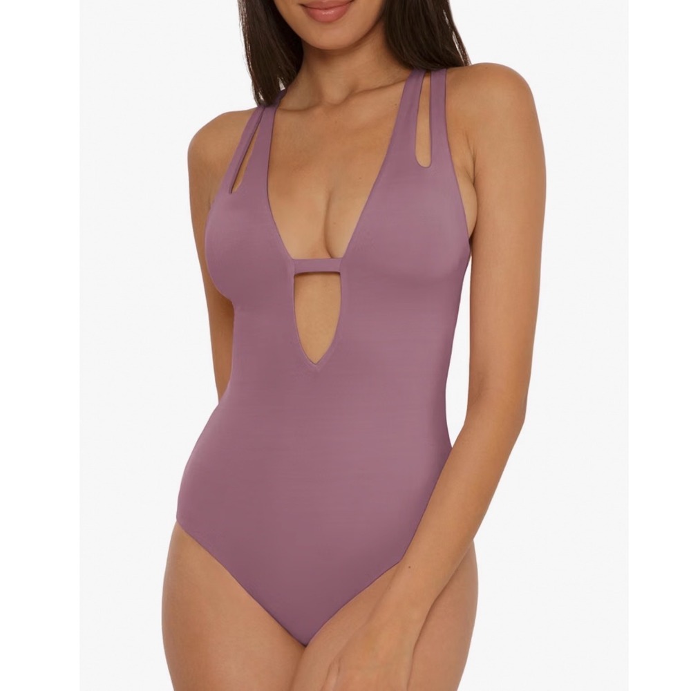 BECCA by Rebecca Virtue Womens Fig Purple Plunge One Piece Swimsuit Medium NEW